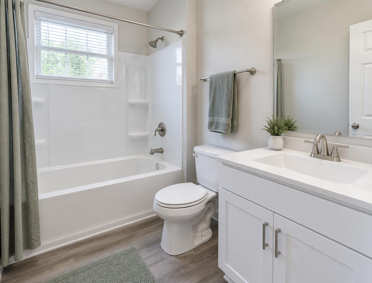 Illustrative freshly cleaned apartment bathroom with white tub and vanity