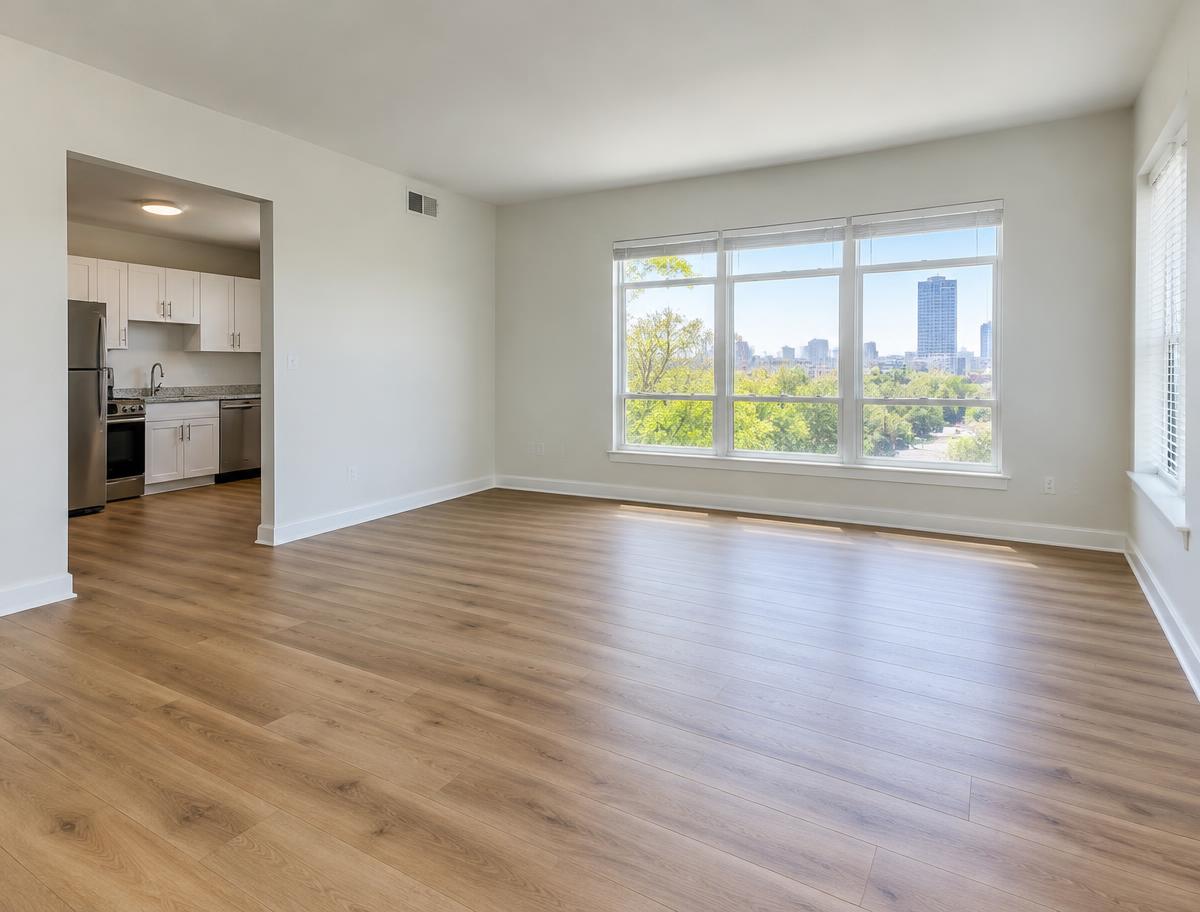 Illustrative empty apartment with clean floors and freshly painted walls