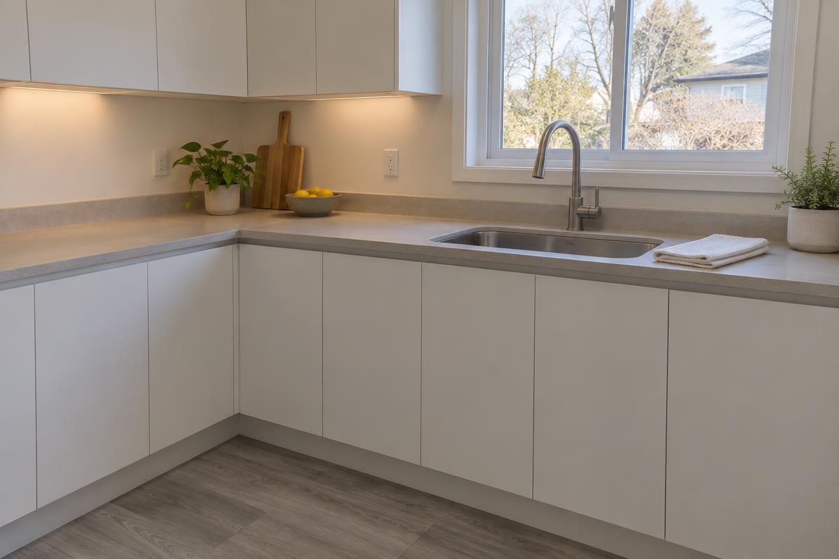 Freshly cleaned apartment kitchen with white cabinets and a window over the sink