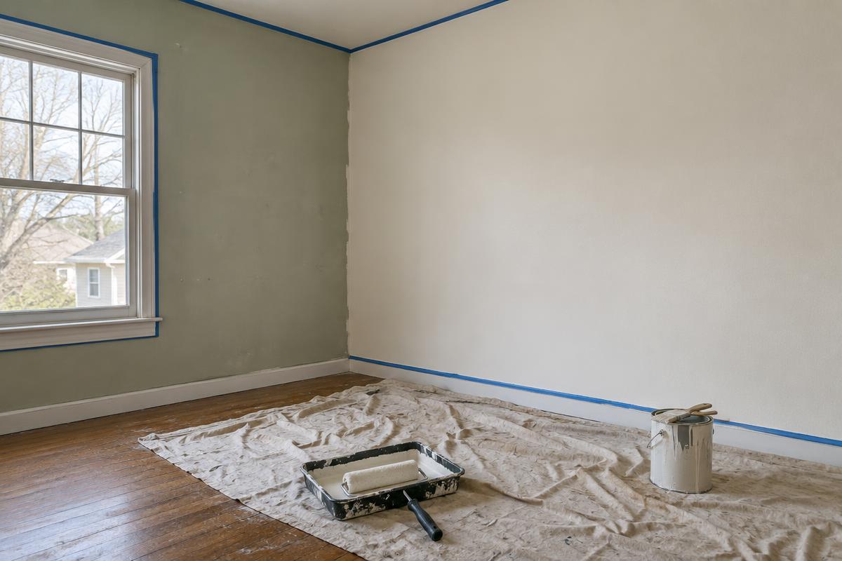 Apartment room being painted, with drop cloths on the floor and blue tape at the trim